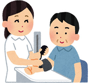 血圧を測っている看護師さんと男性のイラスト