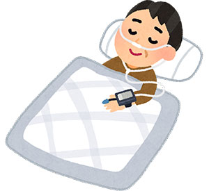 睡眠時無呼吸症候群（SAS）かを調べるためにパルスオキシメーターを付けながら寝ている（簡易ポリグラフィーをしている）男性のイラスト