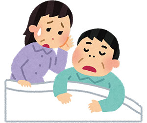 隣で寝ている家族の息がとまっていないか心配している、睡眠時無呼吸症候群のイラスト
